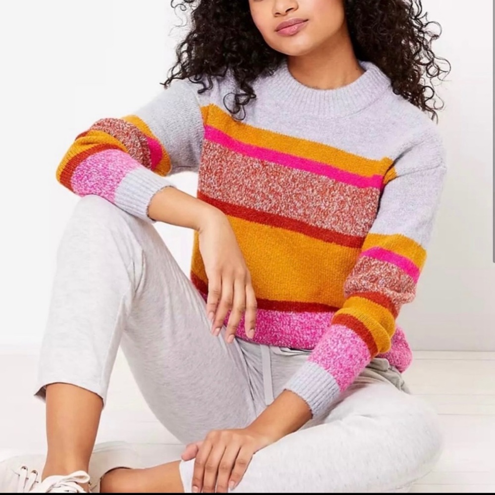 Lou & Grey for Loft grey, pink, yellow Stripped crewneck Sweater, size XS